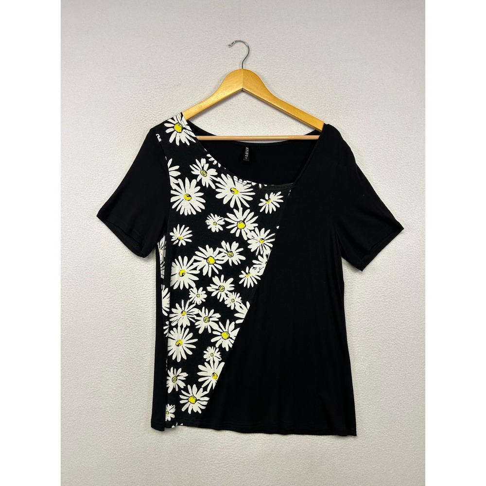 Cottagecore AYIFU Women L Black Daisy Floral Asymmetrical Short Sleeve Top Artsy